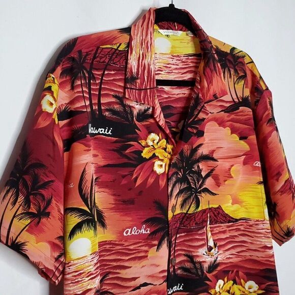 Aloha Hawaiian Shirt Sz XL Sun Set Palm Trees Sail Boat Red Pink Yellow Black - Picture 2 of 5